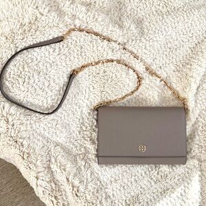 Tory Burch Taupe Leather Crossbody with Gold Chain